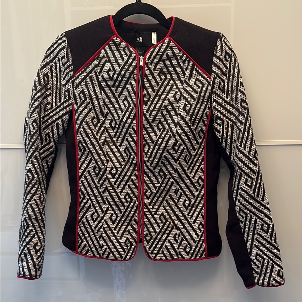 H&M Black and White Geometric Blazer with Red Accents